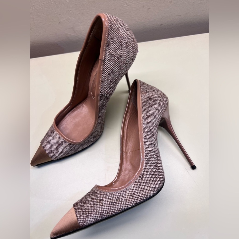 MADE IN ITALY brown and cream neutral leather tweed stiletto heels size EU 36